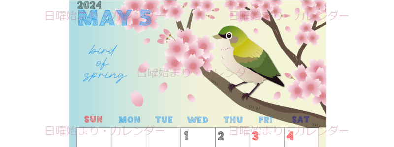 2024年5月縦型の日曜始まり 鶯と桜イラストのかわいいA4無料カレンダー