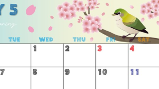 2024年5月横型の月曜始まり 鶯と桜イラストのかわいいA4無料カレンダー
