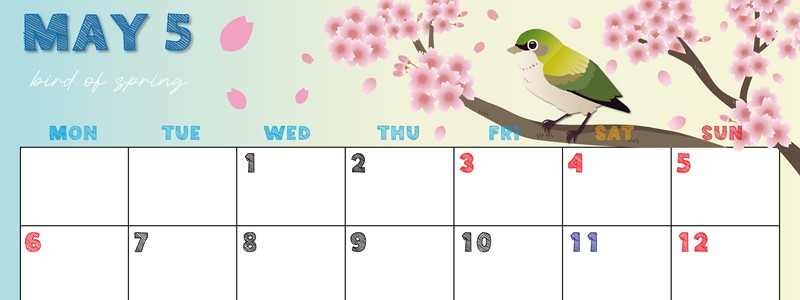 2024年5月横型の月曜始まり 鶯と桜イラストのかわいいA4無料カレンダー