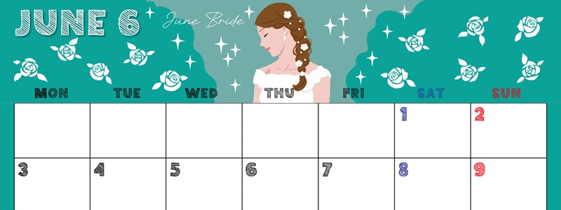 2024年6月横型の月曜始まり 白薔薇イラストのかわいいA4無料カレンダー