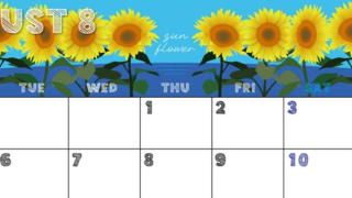 2024年8月横型の月曜始まり 夏らしいイラストのかわいいA4無料カレンダー