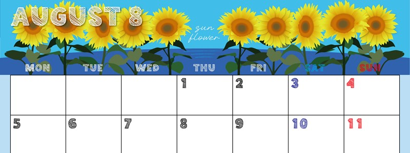 2024年8月横型の月曜始まり 夏らしいイラストのかわいいA4無料カレンダー