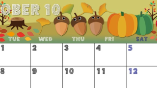 2024年10月横型の月曜始まり 秋の季節イラストのかわいいA4無料カレンダー