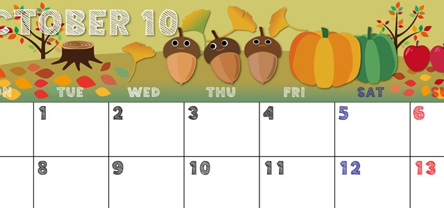 2024年10月横型の月曜始まり 秋の季節イラストのかわいいA4無料カレンダー