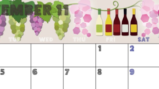 2024年11月横型の月曜始まり 赤白ワインのかわいいイラストA4無料カレンダー