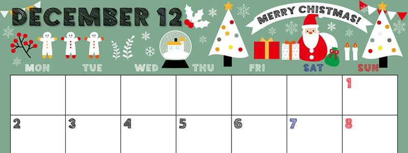 2024年12月横型の月曜始まり 季節の行事イラストがかわいいA4無料カレンダー
