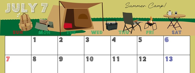 2024年7月横型の日曜始まり 夏休みイラストのかわいいA4無料カレンダー
