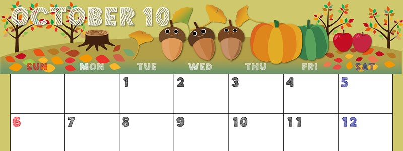 2024年10月横型の日曜始まり 秋の季節イラストのかわいいA4無料カレンダー