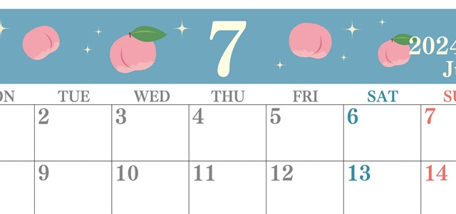 2024年7月横型の月曜始まり 桃のイラストがかわいいA4無料カレンダー