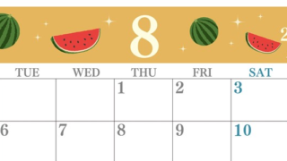 2024年8月横型の月曜始まり 西瓜イラストのかわいいA4無料カレンダー