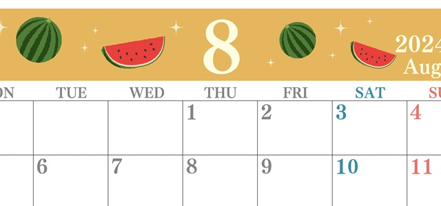 2024年8月横型の月曜始まり 西瓜イラストのかわいいA4無料カレンダー
