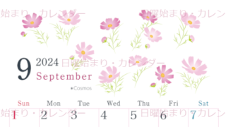 2024年9月縦型の日曜始まり コスモスがかわいいイラストA4無料カレンダー