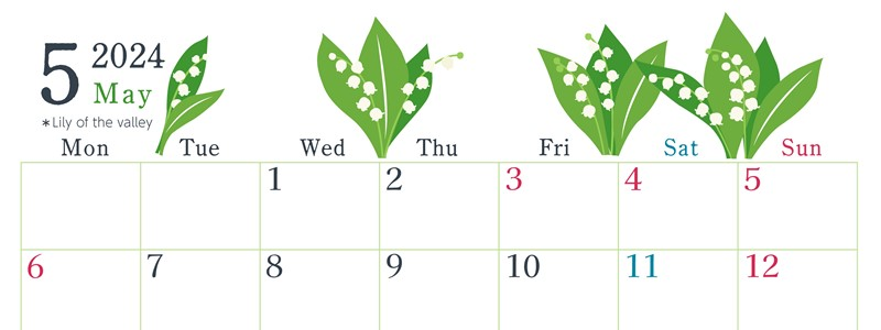 2024年5月横型の月曜始まり 白い花イラストのかわいいA4無料カレンダー