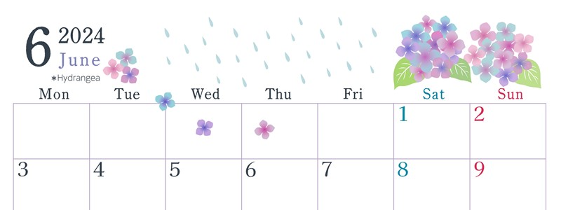 2024年6月横型の月曜始まり 梅雨の季節イラストのかわいいA4無料カレンダー