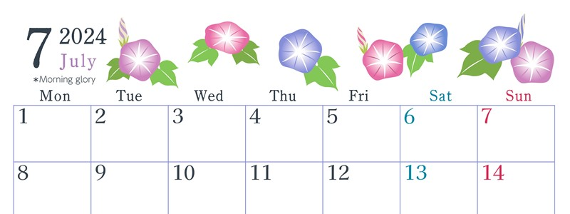 2024年7月横型の月曜始まり 季節の花イラストのかわいいA4無料カレンダー