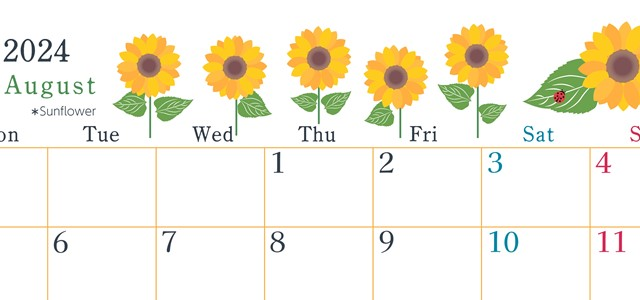 2024年8月横型の月曜始まり 夏の花のイラストがかわいいA4無料カレンダー