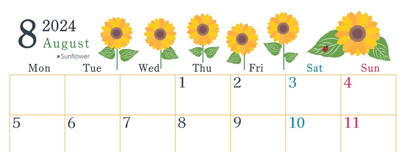 2024年8月横型の月曜始まり 夏の花のイラストがかわいいA4無料カレンダー