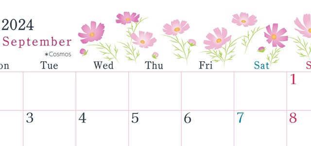 2024年9月横型の月曜始まり コスモスがかわいいイラストA4無料カレンダー