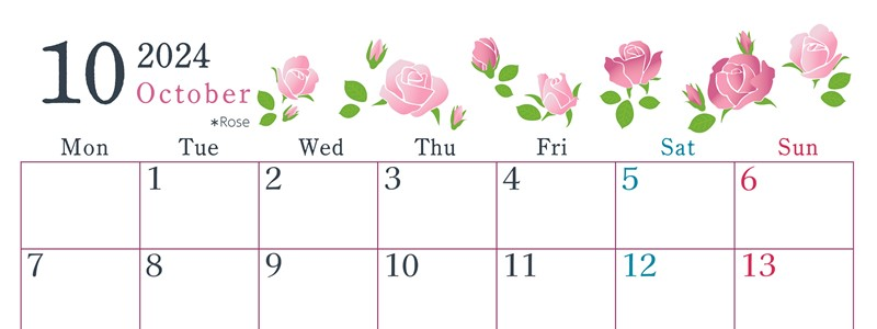 2024年10月横型の月曜始まり ローズがかわいいイラストA4無料カレンダー