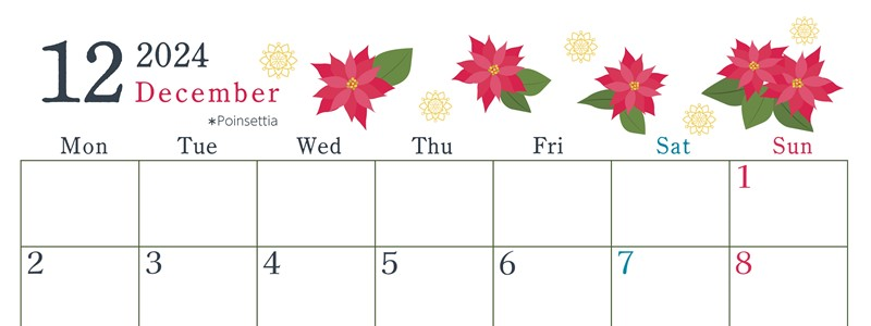 2024年12月横型の月曜始まり ポインセチアがかわいいイラストA4無料カレンダー