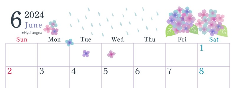 2024年6月横型の日曜始まり 梅雨の季節イラストのかわいいA4無料カレンダー