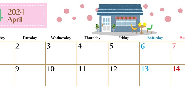2024年4月横型の月曜始まり 新生活イラストのおしゃれA4無料カレンダー