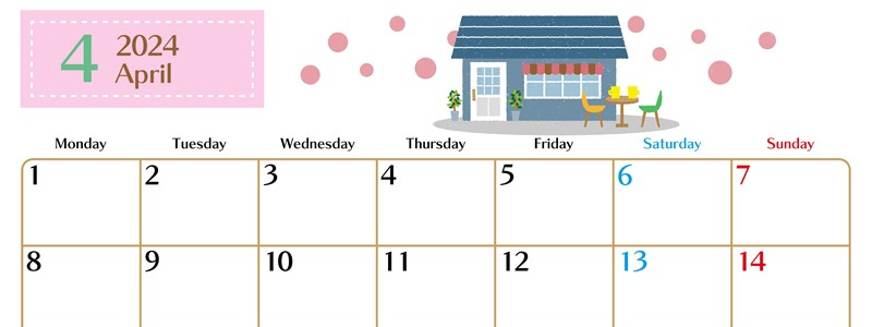 2024年4月横型の月曜始まり 新生活イラストのおしゃれA4無料カレンダー