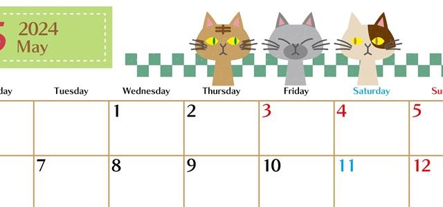 2024年5月横型の月曜始まり 猫たちイラストのおしゃれA4無料カレンダー