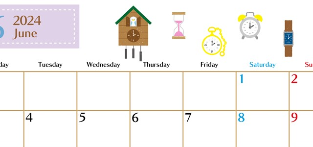 2024年6月横型の月曜始まり 時計イラストのおしゃれA4無料カレンダー