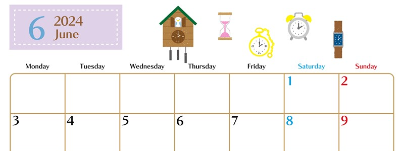2024年6月横型の月曜始まり 時計イラストのおしゃれA4無料カレンダー