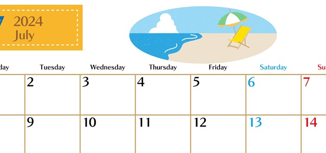 2024年7月横型の月曜始まり  バカンスイラストのおしゃれA4無料カレンダー