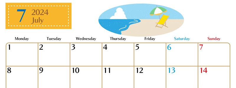 2024年7月横型の月曜始まり  バカンスイラストのおしゃれA4無料カレンダー