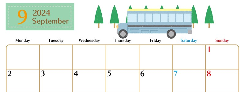 2024年9月横型の月曜始まり バスイラストのおしゃれA4無料カレンダー