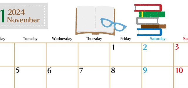 2024年11月横型の月曜始まり 読書イラストのおしゃれA4無料カレンダー