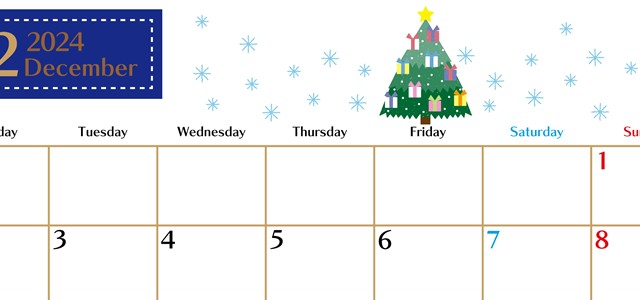 2024年12月横型の月曜始まり クリスマスツリーイラストのおしゃれA4無料カレンダー