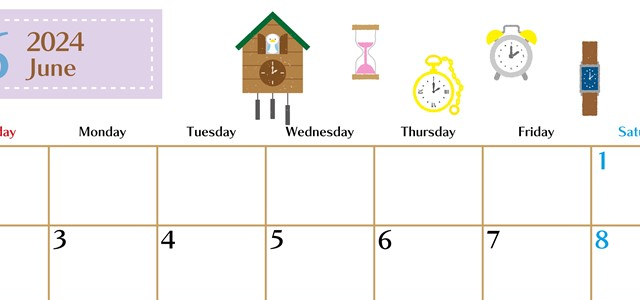 2024年6月横型の日曜始まり 時計イラストのおしゃれA4無料カレンダー