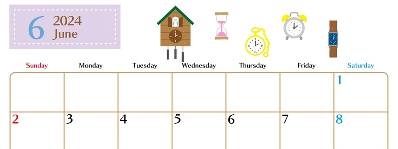 2024年6月横型の日曜始まり 時計イラストのおしゃれA4無料カレンダー
