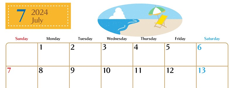 2024年7月横型の日曜始まり バカンスイラストのおしゃれA4無料カレンダー
