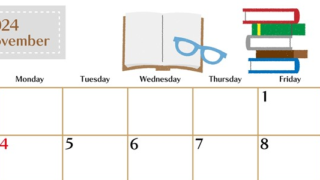 2024年11月横型の日曜始まり 読書イラストのおしゃれA4無料カレンダー