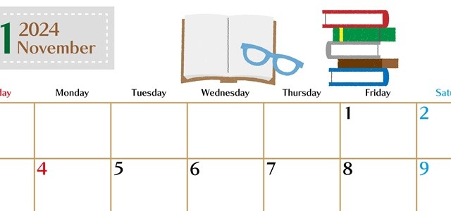 2024年11月横型の日曜始まり 読書イラストのおしゃれA4無料カレンダー