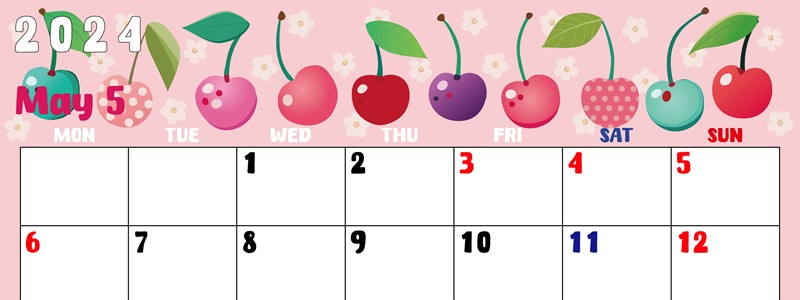 2024年5月横型の月曜始まり サクランボイラストのかわいいA4無料カレンダー
