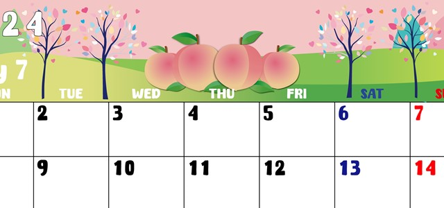 2024年7月横型の月曜始まり 桃イラストのかわいいA4無料カレンダー