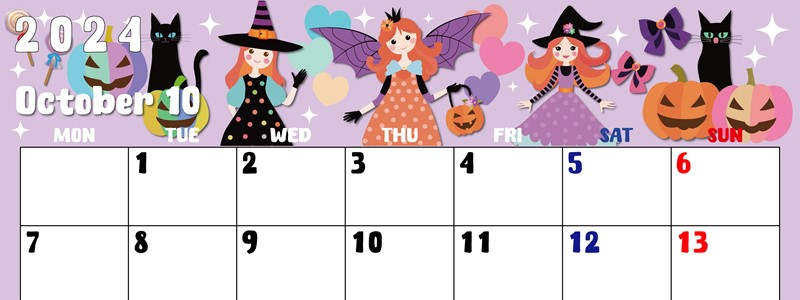 2024年10月横型の月曜始まり ポップなイラストのかわいいA4無料カレンダー
