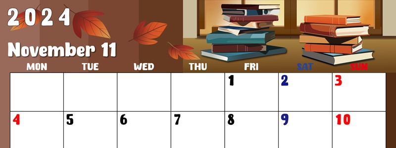 2024年11月横型の月曜始まり 本イラストのかわいいA4無料カレンダー