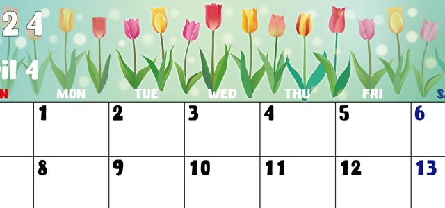 2024年4月横型の日曜始まり チューリップイラストのかわいいA4無料カレンダー