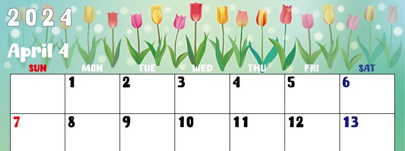 2024年4月横型の日曜始まり チューリップイラストのかわいいA4無料カレンダー