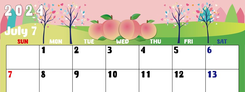 2024年7月横型の日曜始まり 桃イラストのかわいいA4無料カレンダー