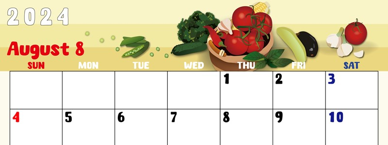 2024年8月横型の日曜始まり 野菜イラストのかわいいA4無料カレンダー