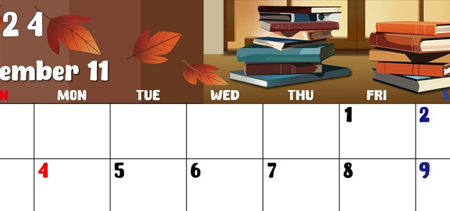 2024年11月横型の日曜始まり 本イラストのかわいいA4無料カレンダー