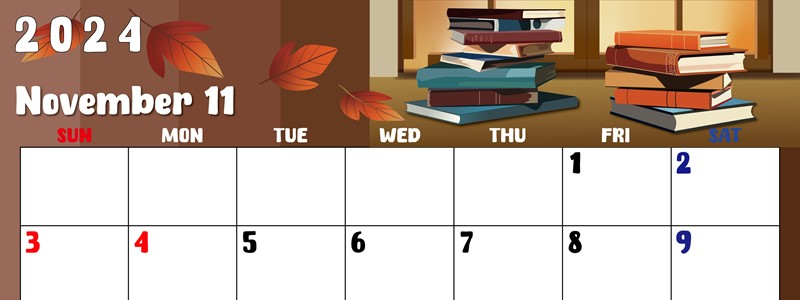 2024年11月横型の日曜始まり 本イラストのかわいいA4無料カレンダー